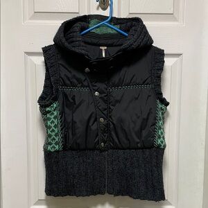Free People | Patchwork Knit |Hoodie | Puffer Vest |Black/Charcoal/Green |Size L